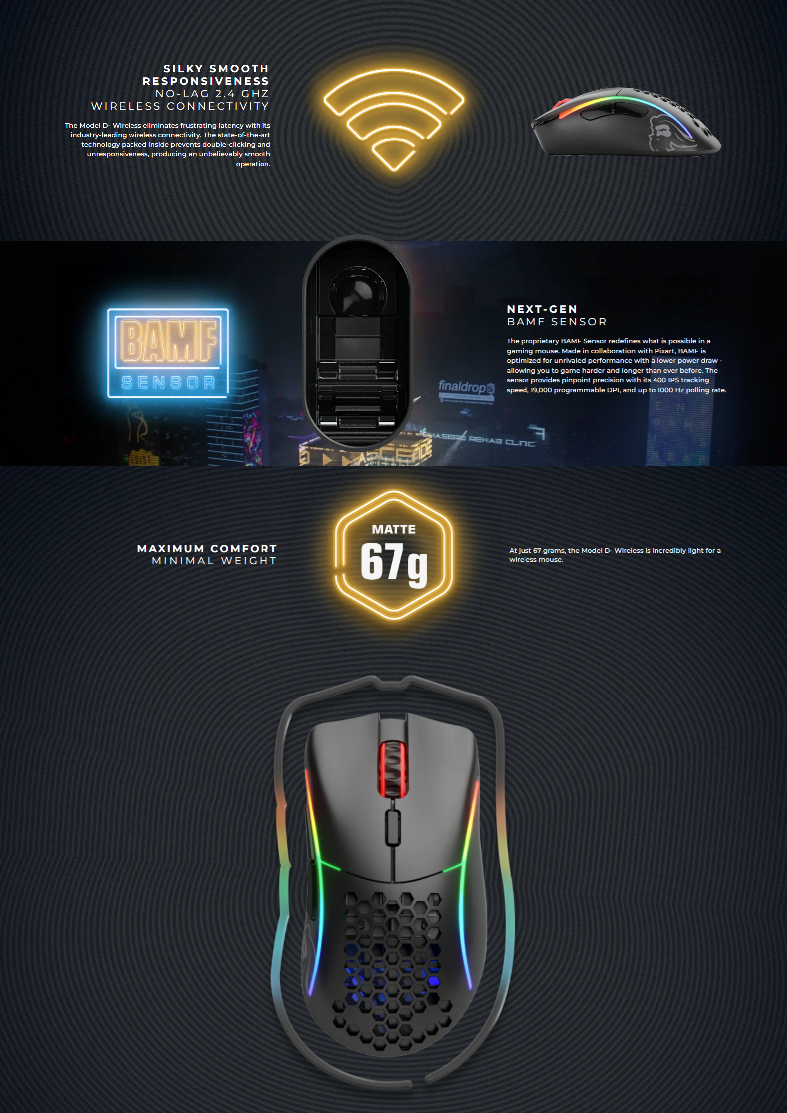 A large marketing image providing additional information about the product Glorious Model D Minus Ergonomic Wireless Gaming Mouse - Matte Black - Additional alt info not provided